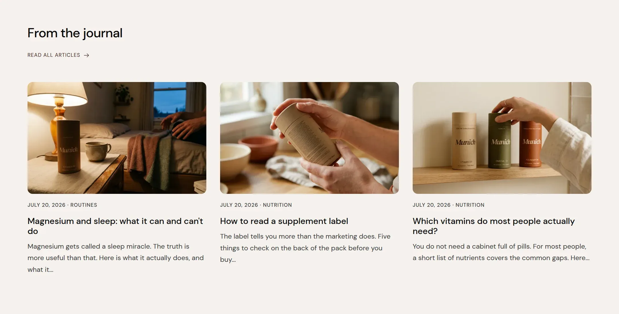 Three journal posts with images, dates and tags on the home page.