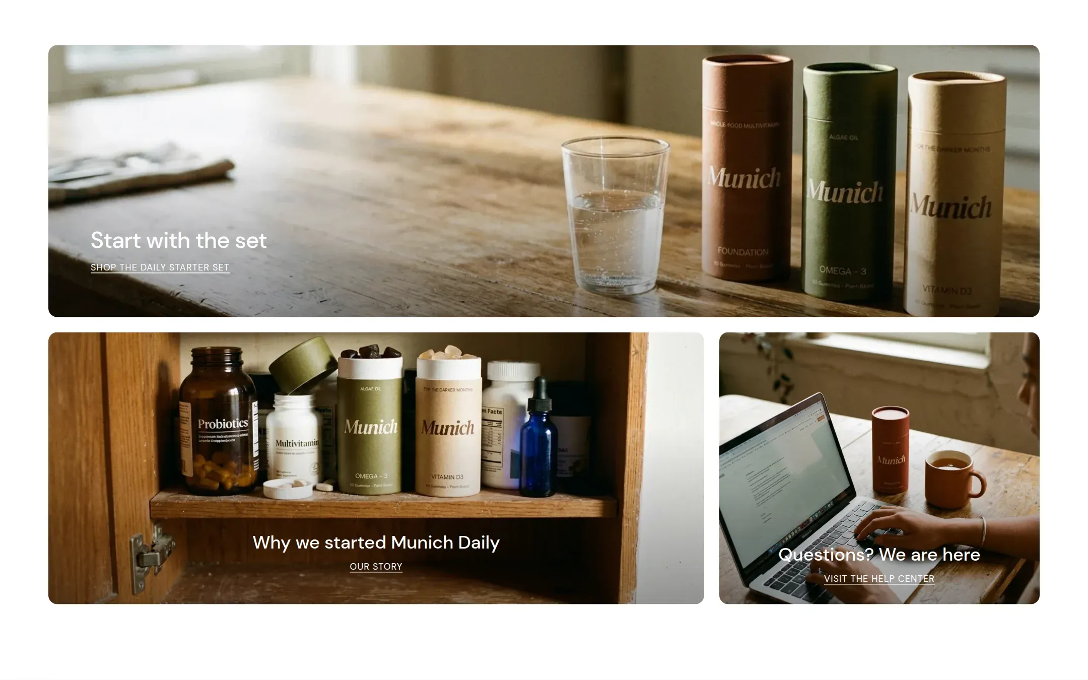 A full width tile above two half width tiles linking to the story and the help pages.
