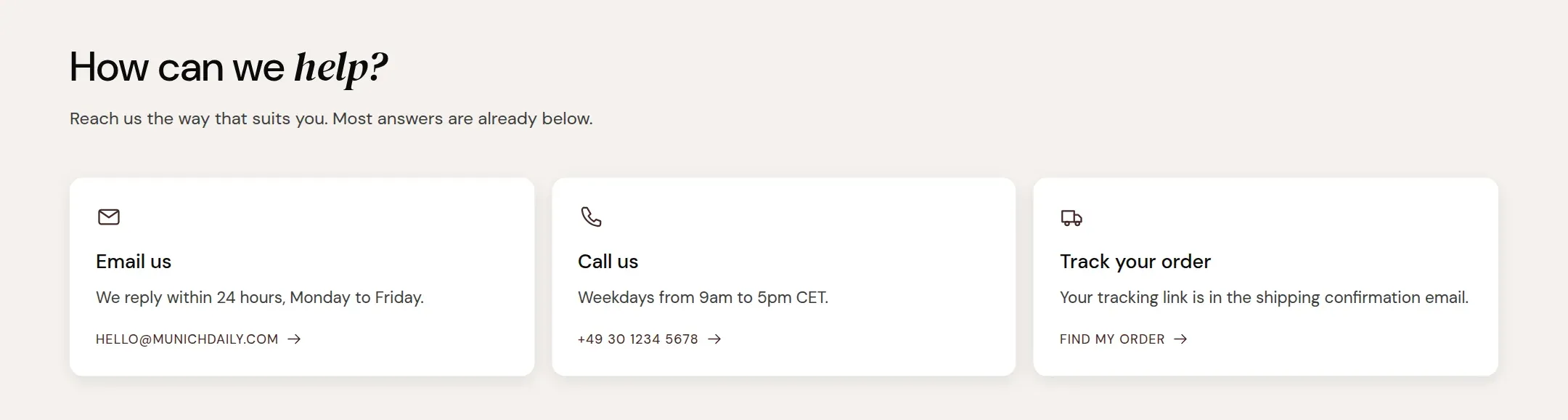 Three contact option cards above the FAQ.