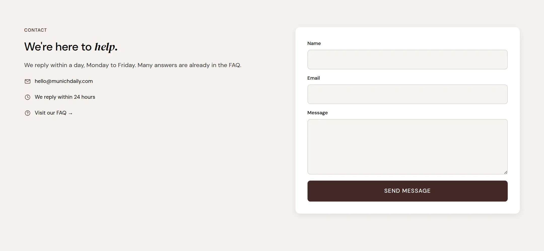 The contact page with the invitation on the left and the form card on the right.