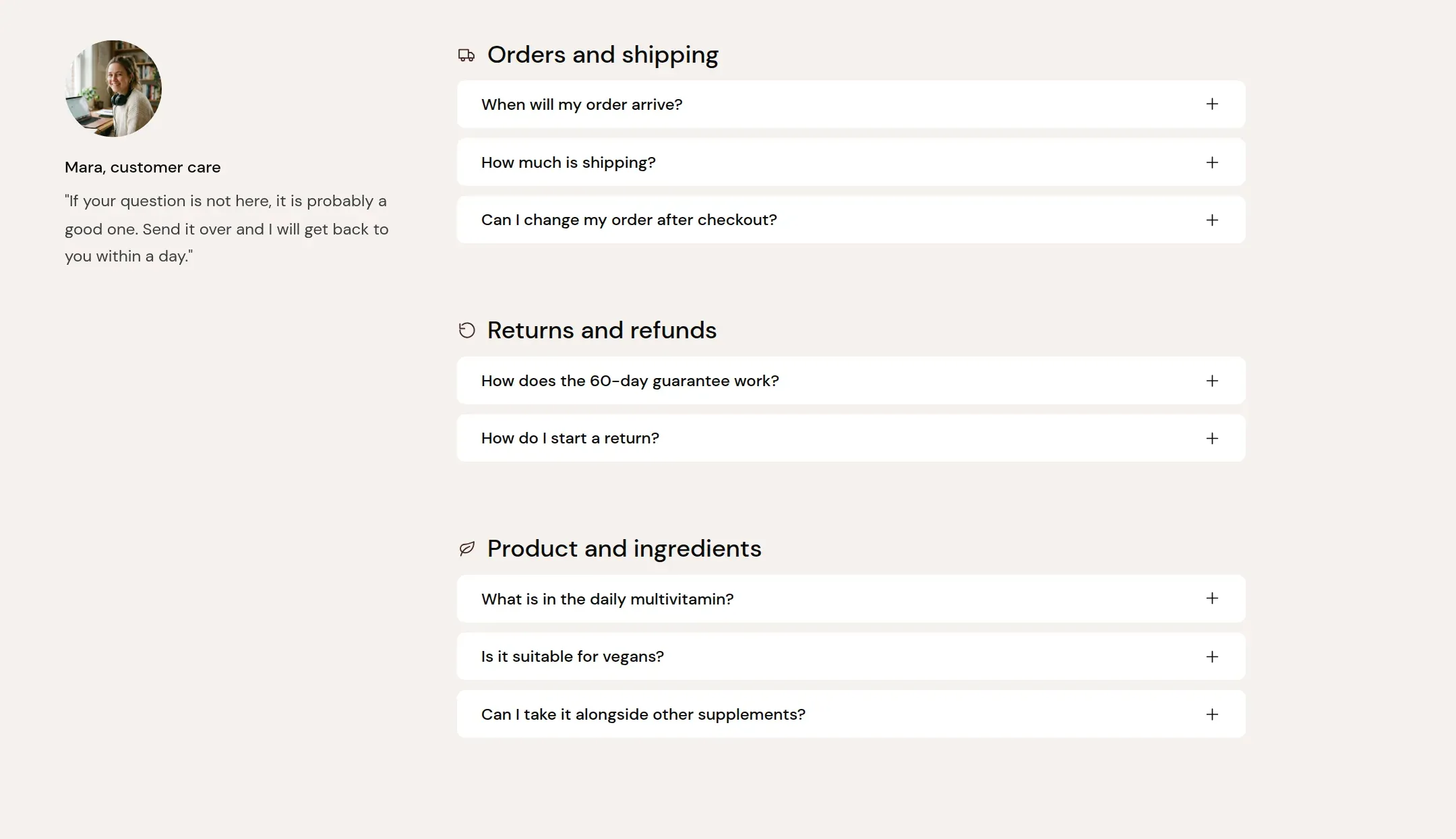 The FAQ page with categories on the right and the support person on the left.