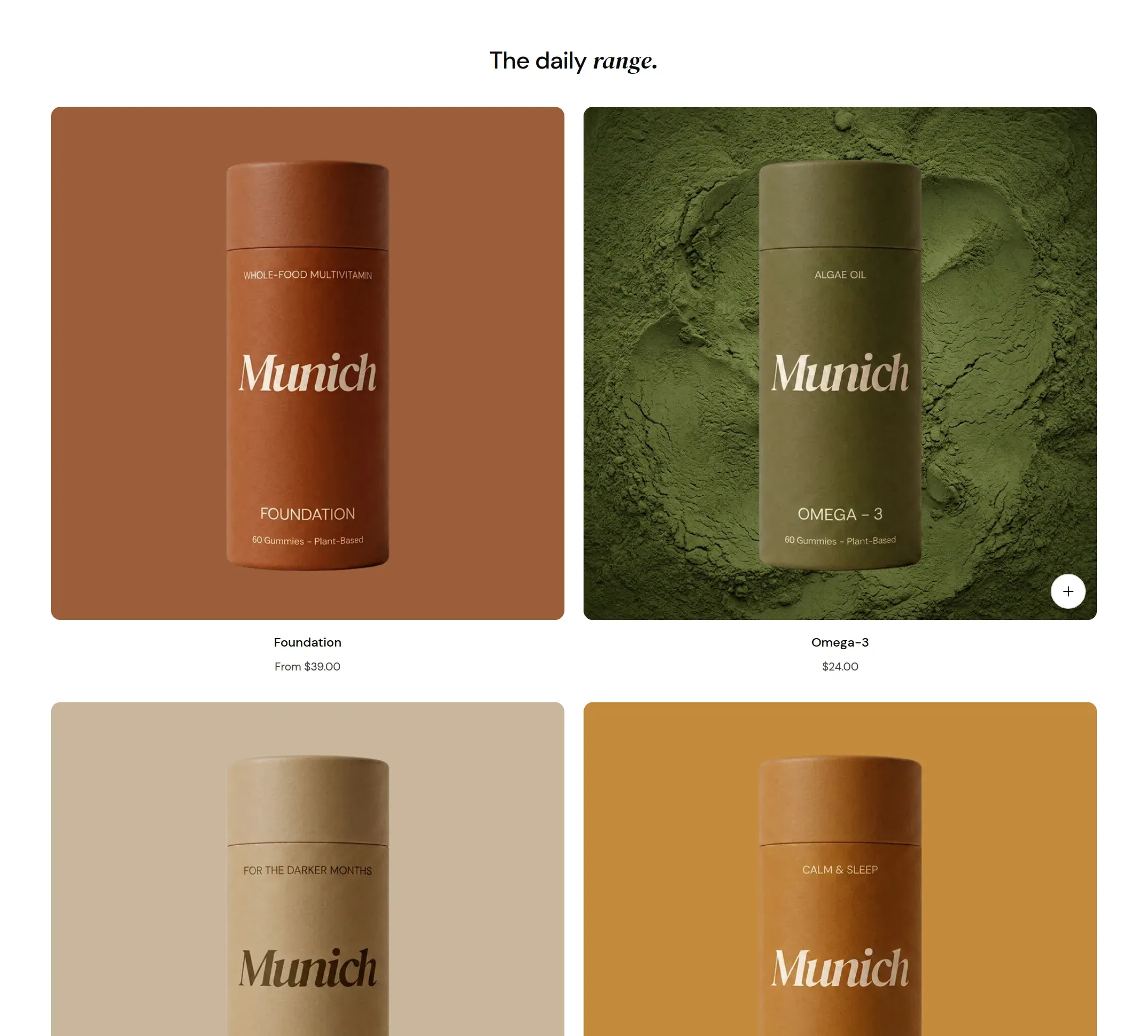 The daily range as four product cards on tinted tiles.