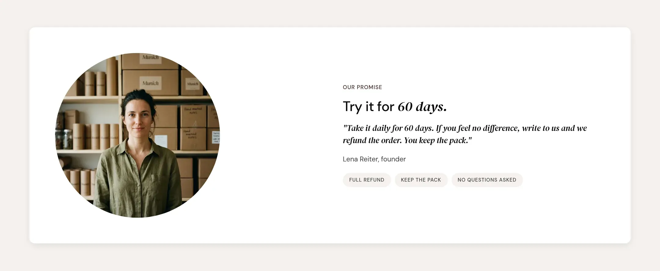 The guarantee card with the founder portrait, the quote and three trust pills.
