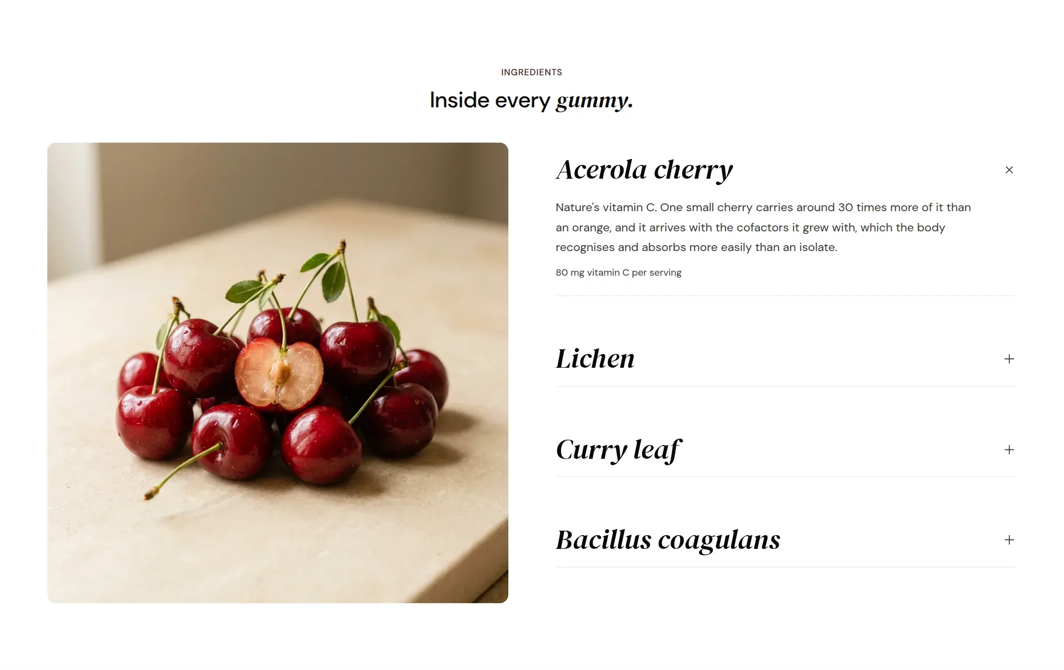 The ingredients index on the home page with the acerola entry open and its photo beside it.