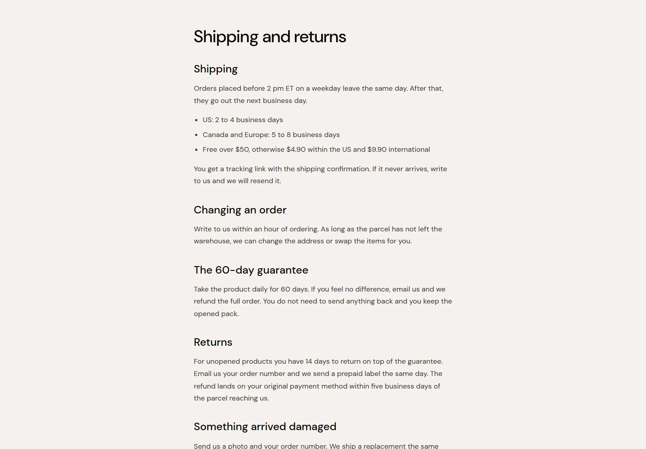The shipping and returns page.