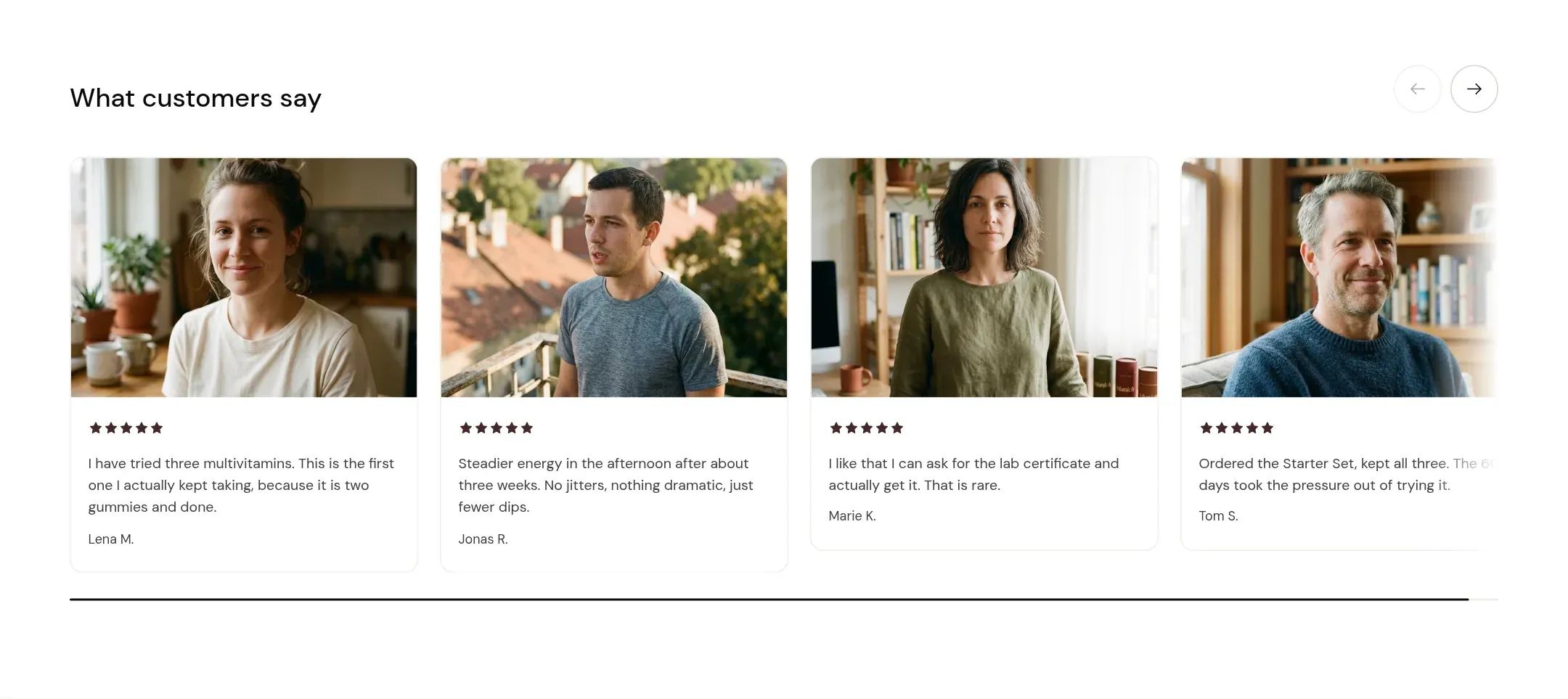 Four testimonial cards with portraits and star ratings on the product page.